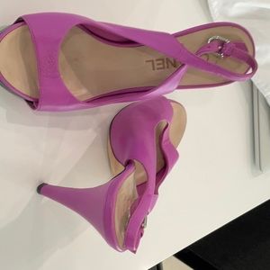 Chanel size 7.5 purple sling back with 6“ heel and 1/2 inch platform.